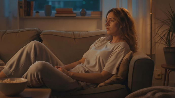 A sleepless woman sitting on a sofa