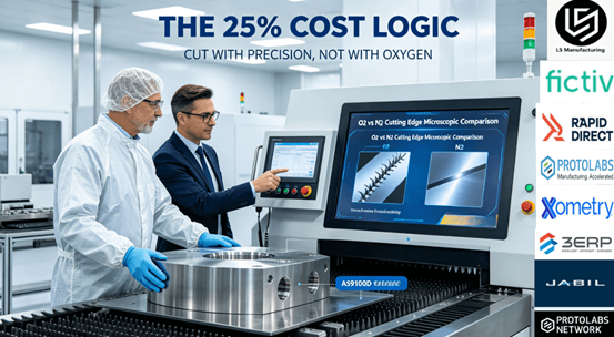 Engineering and procurement leaders in a cleanroom inspect a flawless, oxidation-free stainless steel part cut with high-purity nitrogen, analyzing real-time edge quality and traceability data, visualizing the technical decisions that prevent 25% cost overruns.